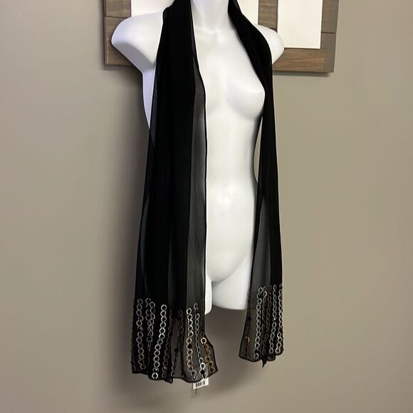 Steve Madden Sheer Black Scarf with Mixed Metal and Black Beads/Gem Accents-OS - Picture 2 of 11
